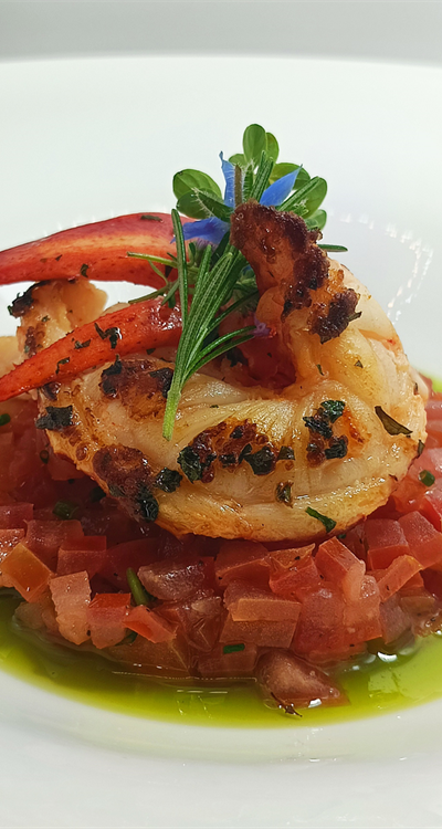 Astice tiepido alla piastra con concassè di pomodoro cuore di bue  e olio aromatizzato al dragoncello e basilico