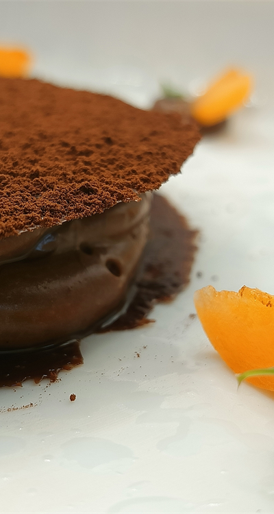 Cialda croccante al cioccolato, crema al cacao amaro  e composta di albicocche    